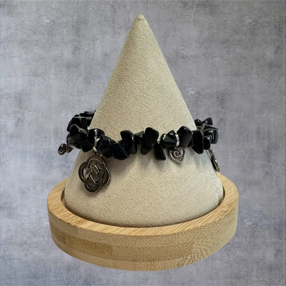 Celtic Knot Triskele Pentacle Charm Bracelet‎ Black Onyx Blue Goldstone